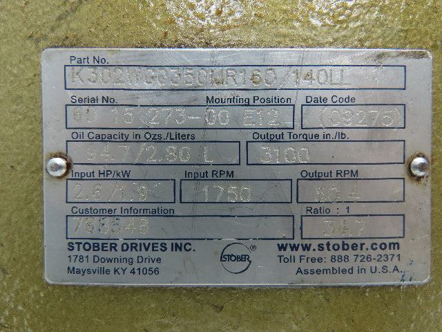 Stober K302WG0350MR160/140LL Helical Gear Reducer 34:1 Ratio 1 1/4" Hollow 2.6Hp