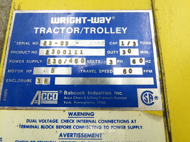 Acco Wright Way Tractor Trolley 230/460V 3 Ph 1-3Ton .5 Hp 60 FPM 3.25 Track