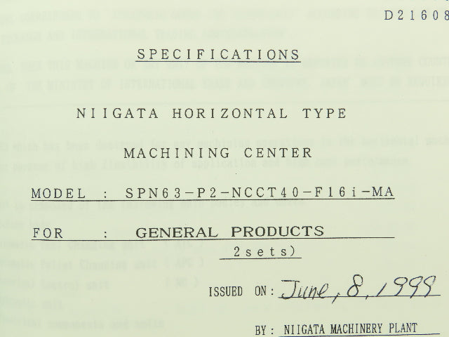 Niigata SPN63 CNC Machine Test Record Spec Sheet Manual  (1999)