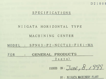 Niigata SPN63 CNC Machine Test Record Spec Sheet Manual  (1999)
