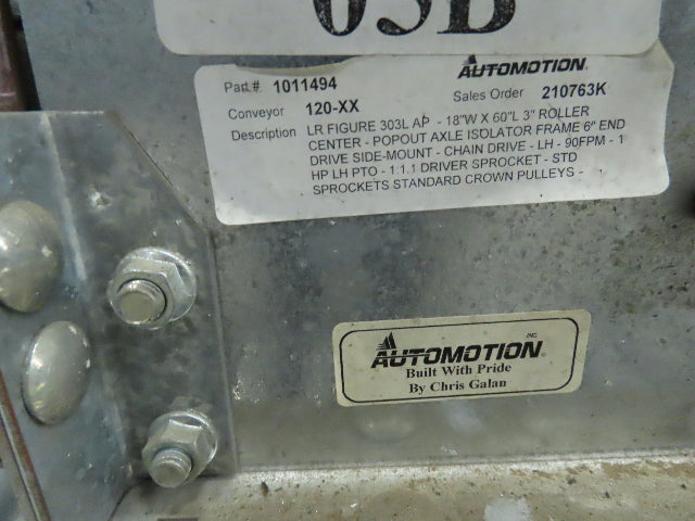 Automotion 15"x 66' Belt Drive Live Roller Bed Conveyor 460V End Drive 95FPM