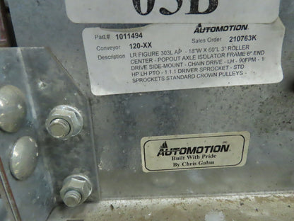 Automotion 15"x 66' Belt Drive Live Roller Bed Conveyor 460V End Drive 95FPM