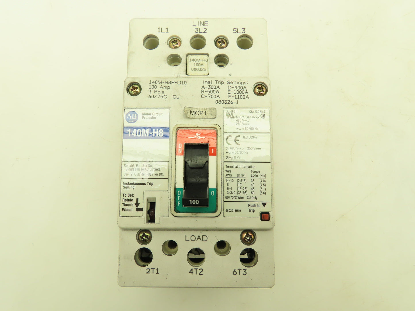 Allen Bradley 140M-H8P-D10 Motor Circuit Protector Breaker 100 A 600V 3 Pole