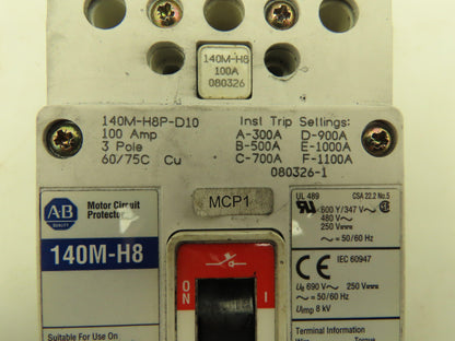 Allen Bradley 140M-H8P-D10 Motor Circuit Protector Breaker 100 A 600V 3 Pole