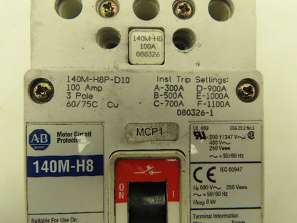 Allen Bradley 140M-H8P-D10 Motor Circuit Protector Breaker 100 A 600V 3 Pole