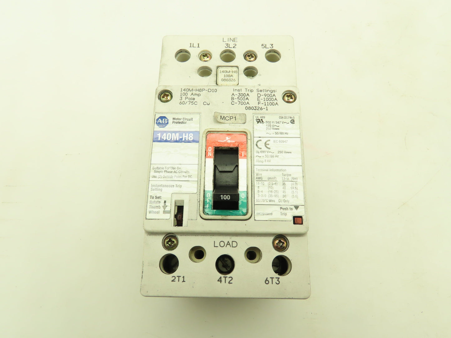 Allen Bradley 140M-H8P-D10 Motor Circuit Protector Breaker 100 A 600V 3 Pole