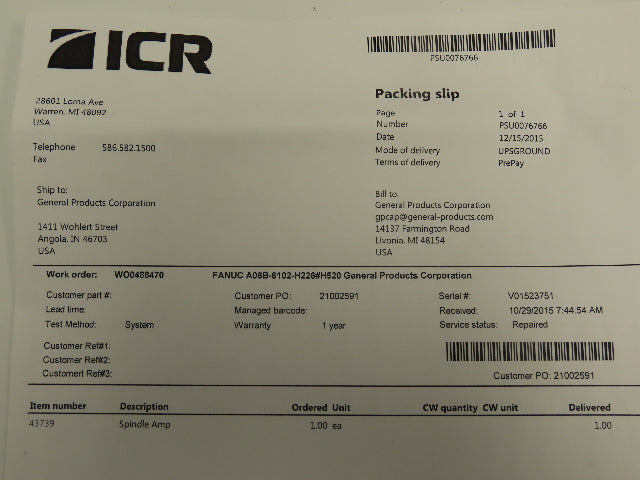 Fanuc A06B-6102-H226#520 Spindle Amplifier Module Servo Drive 29.9KW 230VAC ICR