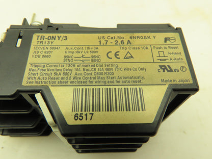 Fuji Electric TR-0NY/3 TR-0NY 4NR0AK Overload Relay 1.7-2.6 A Amp Lot of 6