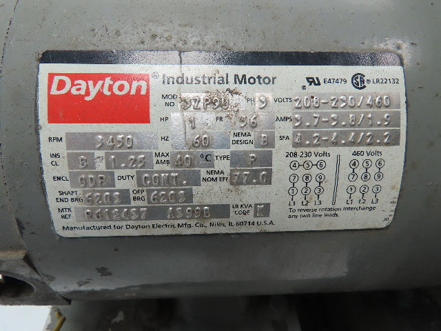 Dayton Electric Blower Fan 1 HP 3450 RPM 1 HP  4" Inlet 6.5" Outlet 10 Impeller