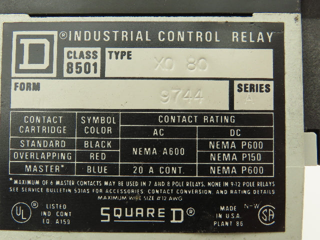 Square D Control Relay Eight/Four Pole Series A 600V 20A 240V Coil Lot of 4