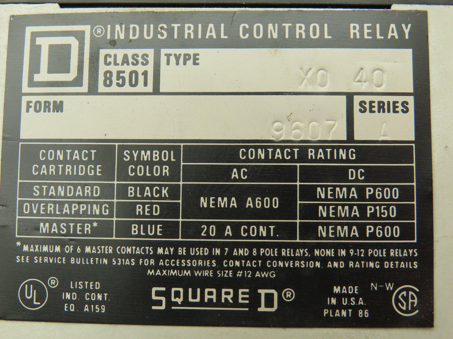 Square D Control Relay Eight/Four Pole Series A 600V 20A 240V Coil Lot of 4