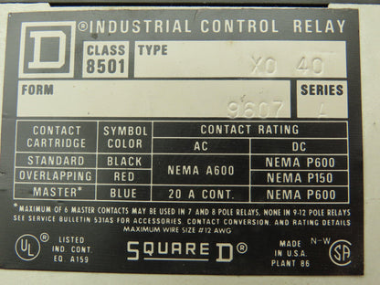 Square D Control Relay Eight/Four Pole Series A 600V 20A 240V Coil Lot of 4