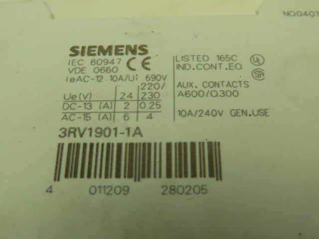 Siemens 3RV10111BA10 Manual Starter Auxiliary 3P 600V 1.4-2 Amp Lot of 7