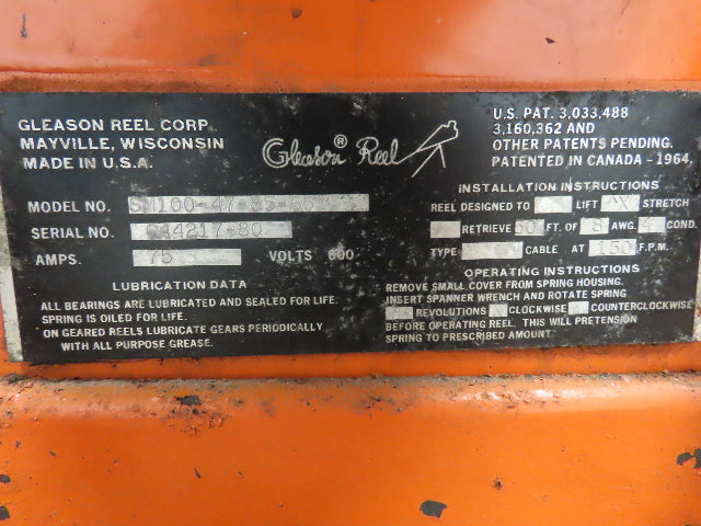Gleason SM100-47-85-6535-1 Retractable Power Cable Reel 600V 75A for 8/4 Cord