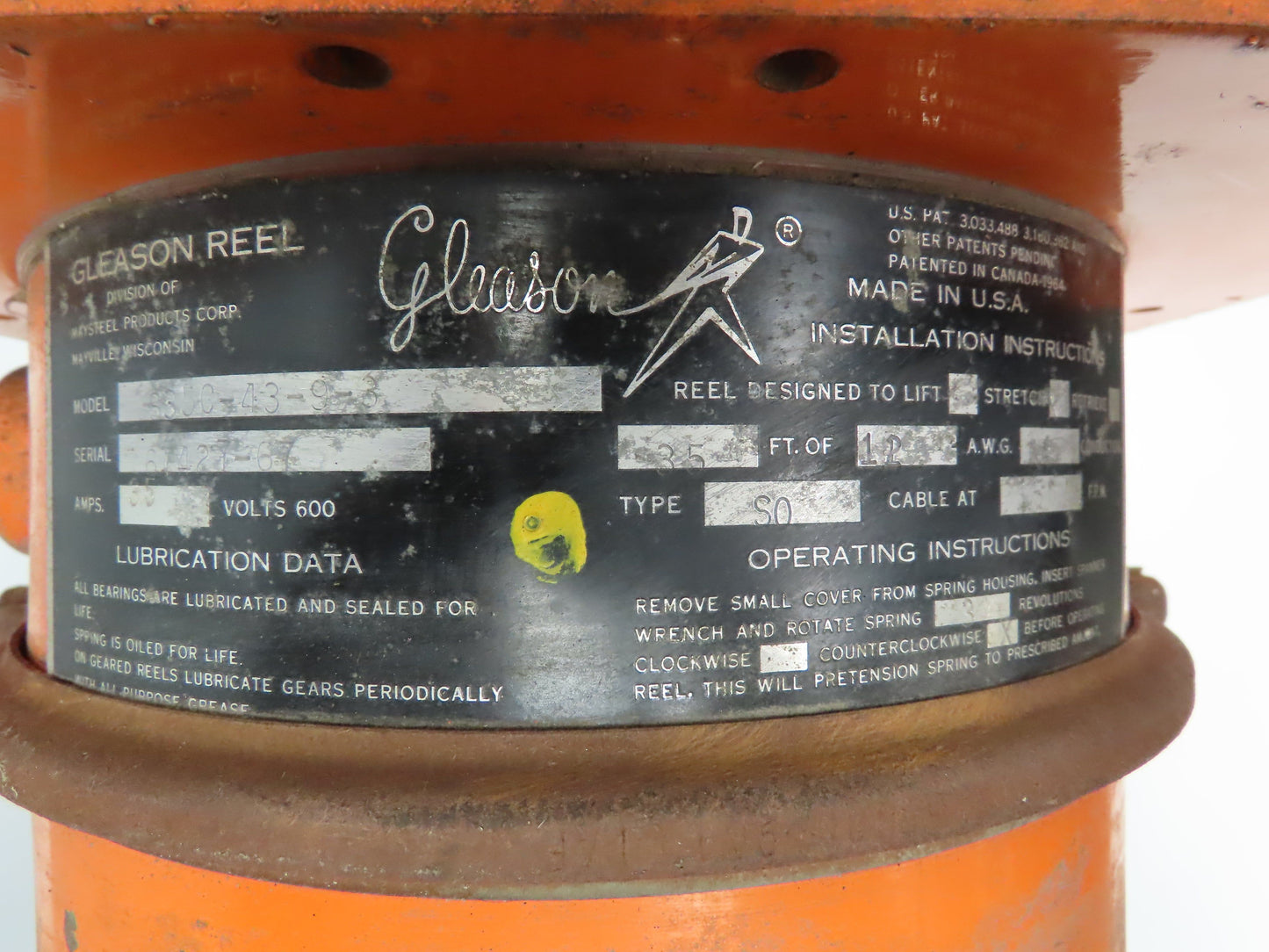 Gleason S35C-43-9-3 Retractable Power Cable Reel 600V 35A 12AWG 4C 25' Cord