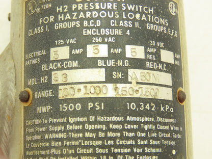 DuoTect H2S3 Adjustable Pressure Switch 5A 1000-1500 PSI Explosion Proof Haz Loc
