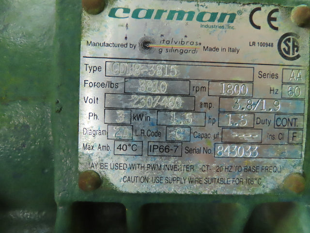 Carman 5GBD 60" Vibratory Hopper Bin Discharge 1.5 hp CD18-3815 230/460v 3ph