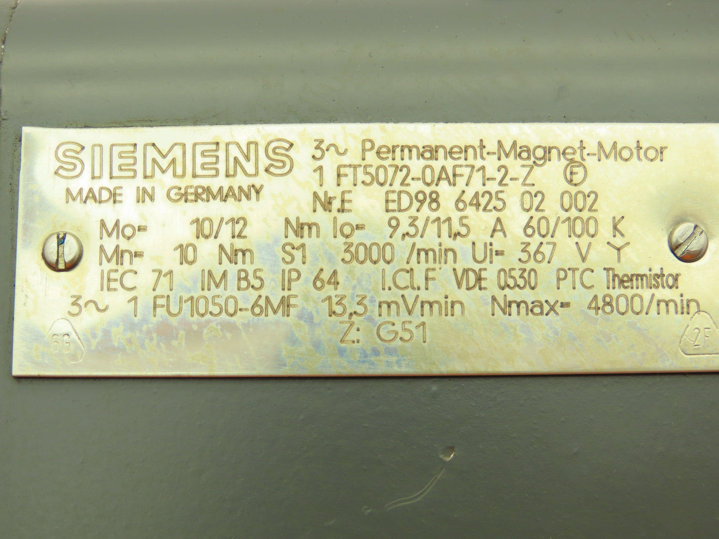 Siemens 1FT5072-0AF71-2-Z Permanent Magnet Servo Motor 3PH 367V 4800 RPM IEC 71