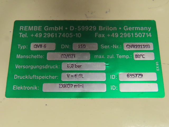 Rembe GmbH QVII-6 EXKOP Quench Valve Explosion Isolation Safety Valve DN150