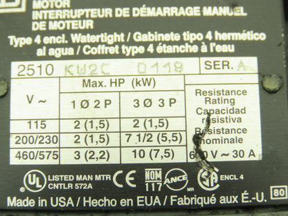 Square D 2510-KW2C Manual Motor Starter Switch Box 30A 3P 575V NEMA 4 Ser A