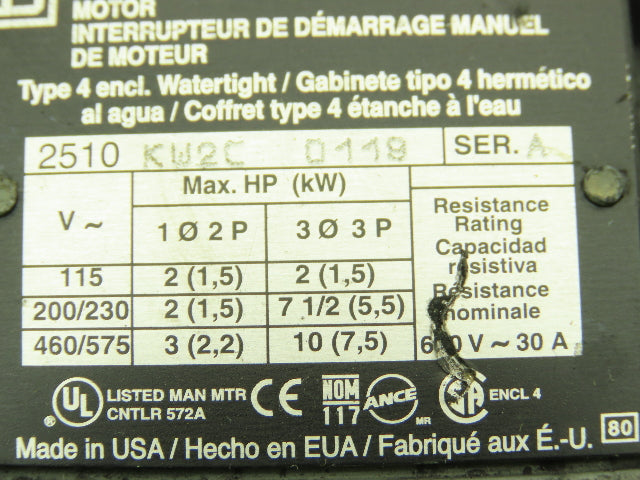 Square D 2510-KW2C Manual Motor Starter Switch Box 30A 3P 575V NEMA 4 Ser A