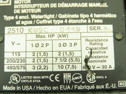 Square D 2510-KW2C Manual Motor Starter Switch Box 30A 3P 575V NEMA 4 Ser A