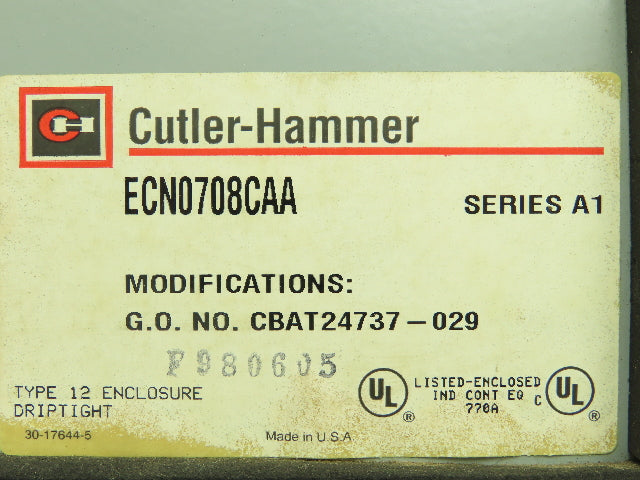 Cutler Hammer ECN0708CAA Pushbutton Motor Control Station Enclosure Box 12x12x6"