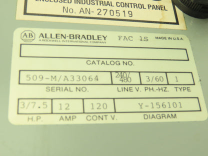 Allen Bradley Combination Motor Starter Overload 3 Ph 600V 12A 27A Enclosure