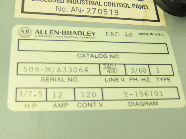 Allen Bradley Combination Motor Starter Overload 3 Ph 600V 12A 27A Enclosure