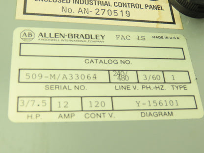 Allen Bradley Combination Motor Starter Overload 3 Ph 600V 12A 27A Enclosure