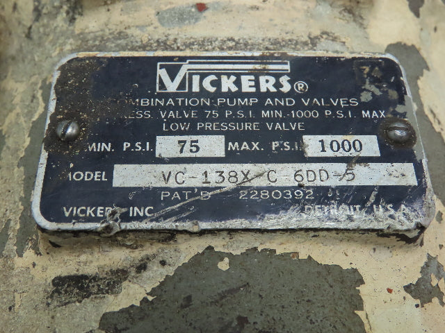 Vickers VC-138X-C-6DD-5 Hydraulic Combination Pump & Valves 75-1000 PSI 2" Inlet