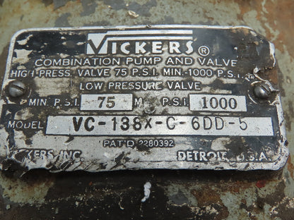 Vickers VC-138X-C-6DD-5 Hydraulic Combination Pump & Valves 75-1000 PSI 2" Inlet