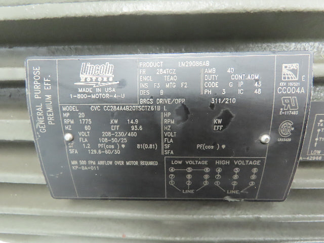 Lincoln Electric Motor 20 HP 3 Ph 230/460V 1775 RPM TEAO 284TCZ Frame