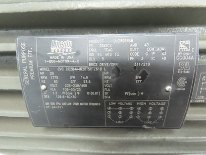 Lincoln Electric Motor 20 HP 3 Ph 230/460V 1775 RPM TEAO 284TCZ Frame