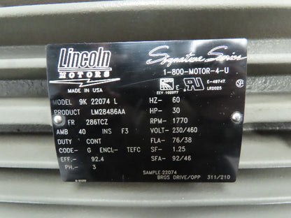 Lincoln Electric Motor 9K22074L 30 HP 230/460V 1770 RPM TEFC Dual Shaft 286TCZ