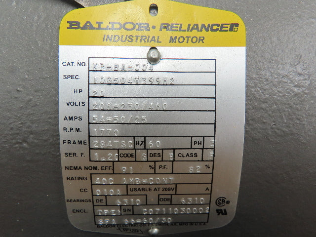 Baldor Electric Motor C Face 1770 RPM 20 HP 230/460V 3Ph Double Shaft 284TSC Fr