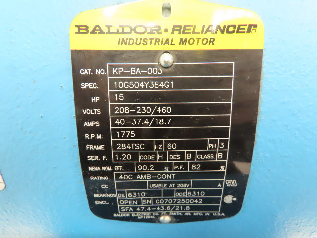 Baldor Reliance Electric Motor 15 HP 1775 ODP 230/460V 3 Ph 284TSC Double Shaft
