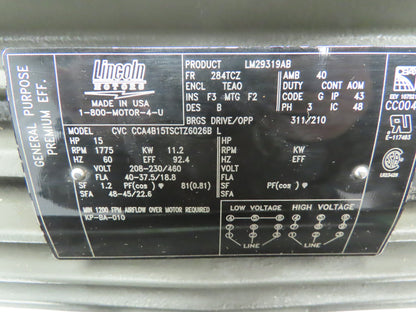 Lincoln Electric Motor 15 HP 1775 Hp 284TCZ 230/460V TEAO Double Shaft C-Face