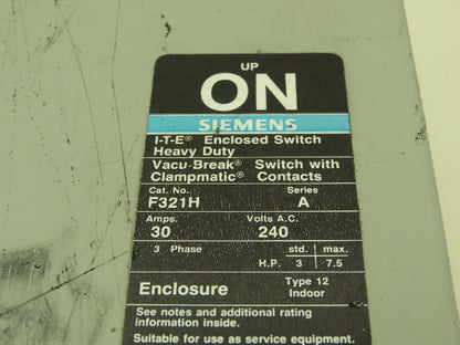 Siemens F321H I-T-E Safety Switch Disconnect Enclosure 30A 240VAC 3 Pole Fusible