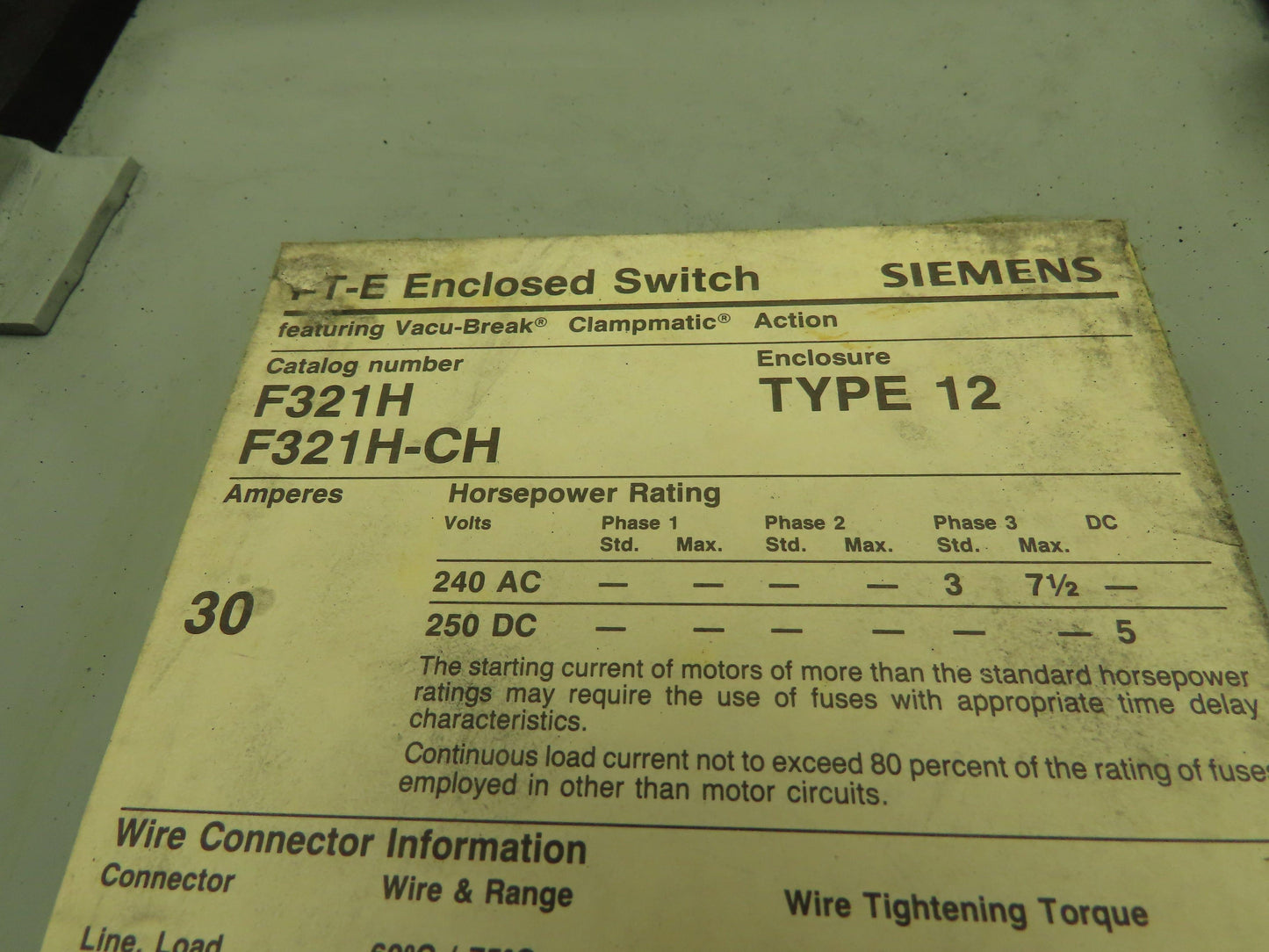 Siemens F321H I-T-E Safety Switch Disconnect Enclosure 30A 240VAC 3 Pole Fusible