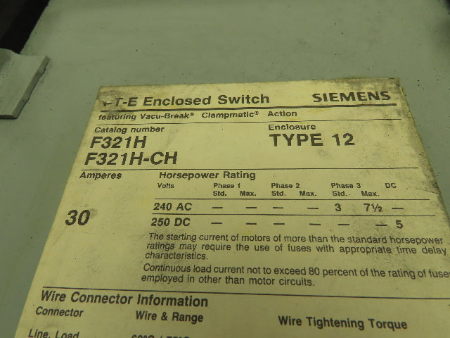 Siemens F321H I-T-E Safety Switch Disconnect Enclosure 30A 240VAC 3 Pole Fusible