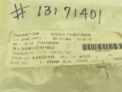 York Frick 913A0124H02 Pressure Sensor 0-500 PSI 9-30VDC 1/4" NPT