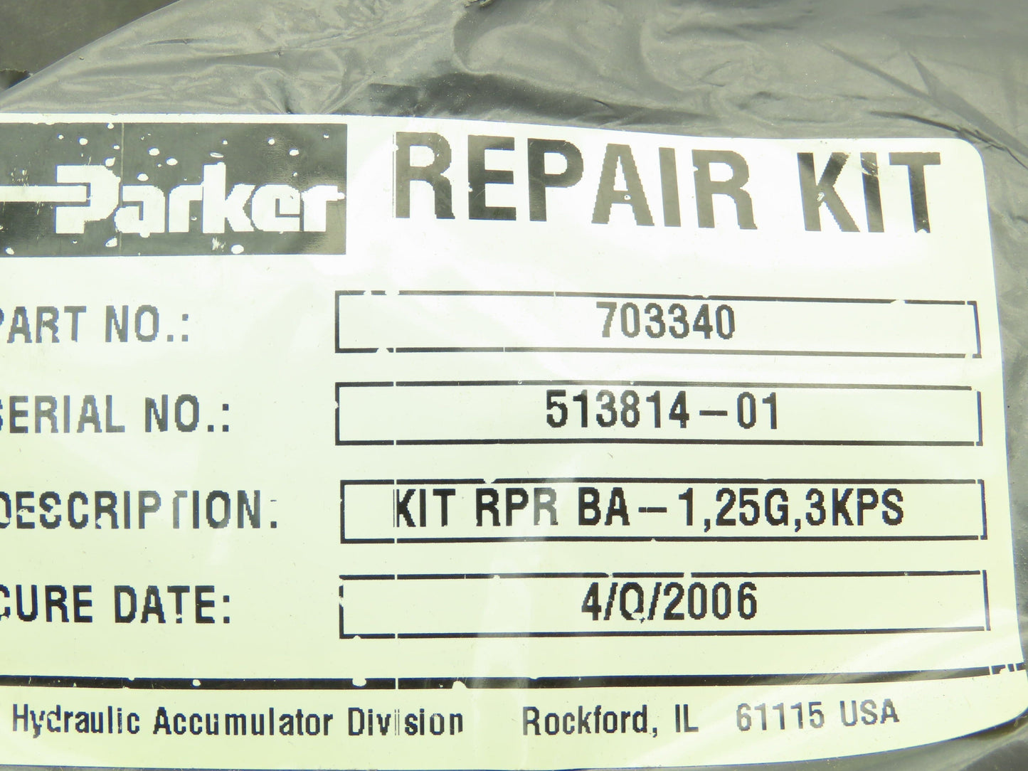 Parker 703340 Hydraulic Accumulator Bladder Repair Kit 15Gal 3000 PSI