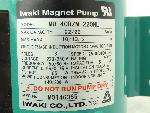 Iwaki MD-40RZM-220NL Magnetic Drive Water Pump Motor 1.5HP 1PH 220V 22L/Min
