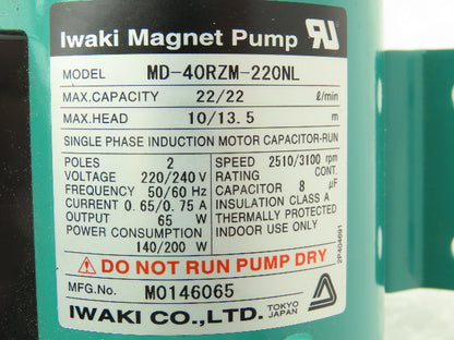 Iwaki MD-40RZM-220NL Magnetic Drive Water Pump Motor 1.5HP 1PH 220V 22L/Min