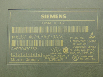 Siemens 6ES7 407-0RA01-0AA0 Simatic S7-400 Power Supply Module 120/230V 20A