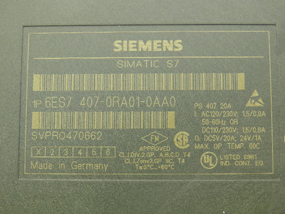 Siemens 6ES7 407-0RA01-0AA0 Simatic S7-400 Power Supply Module 120/230V 20A