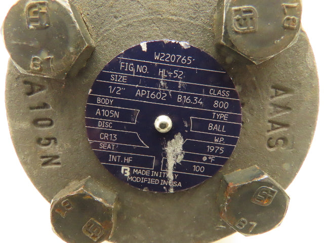 Bonney Forge HL-52  T-Style Steel Ball Check Valve 1/2" NPT Class 800#  LOT OF 2