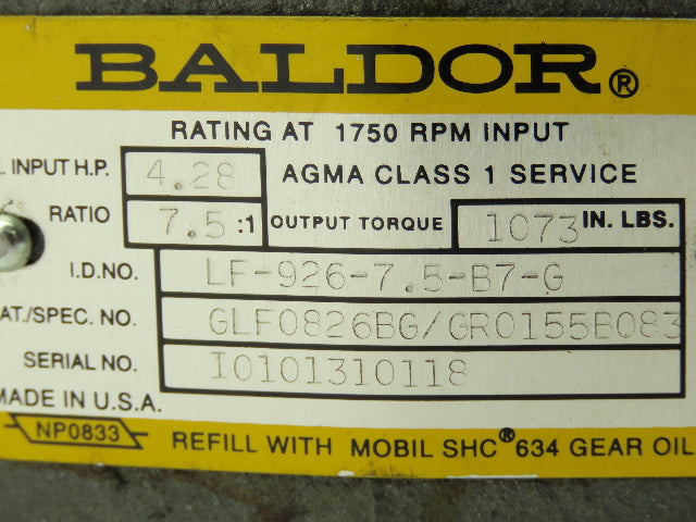 Baldor LF-926-7.5-B7-G Worm Gear Box Speed Reducer  7.5:1 Ratio 4.28 HP 140TC LH