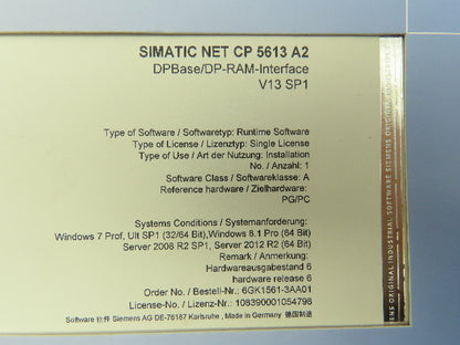 Siemens Simatic 6GK1561-3AA01 Net CP 5613 A2 DPBase/DP-RAM-Interface V13 SP1